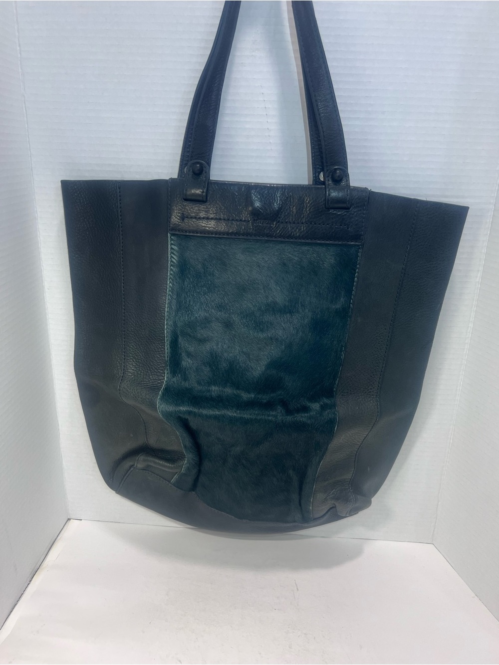 Uterqüe Black Leather Tote with Deep Teal Panel